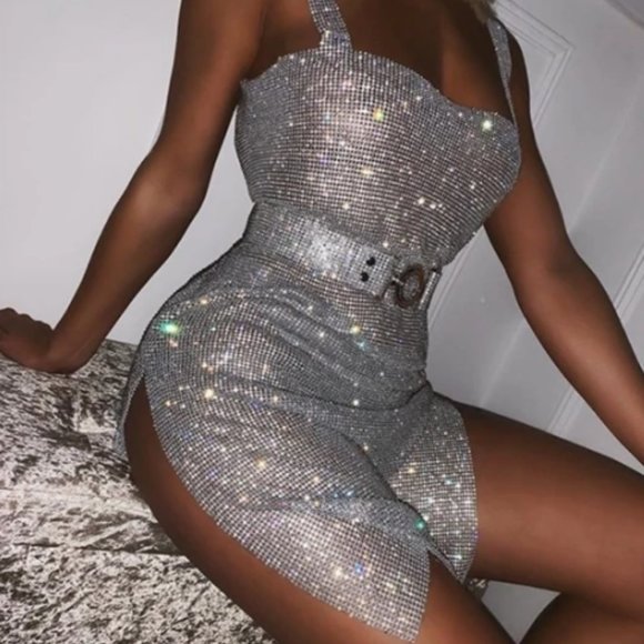 Silver Rhinestone Sexy Slit Bodycon - Picture 4 of 5